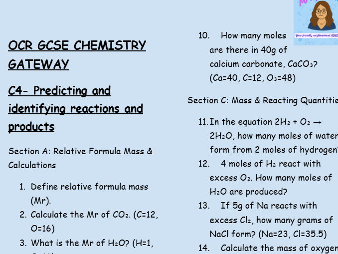 OCR GCSE Chemistry C4 Retrieval Practice: Low-Stakes Questions on Moles, Yield, and Reacting Masses
