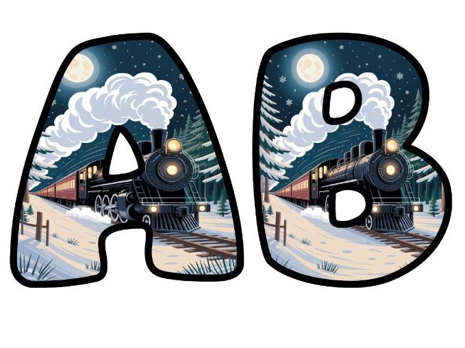 Starlit Steam Train Classroom Display | Lettering Set | Upper & Lowercase, 0-9 and Signs