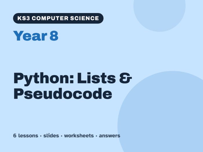 KS3 Computer Science Year 8: Python: Lists & Pseudocode – 6 lessons