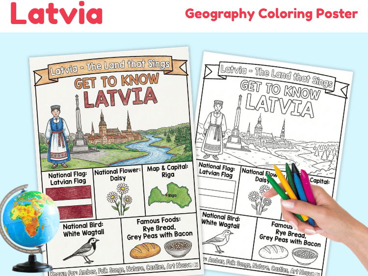 Latvia Geography Coloring Poster | Country Facts & Map