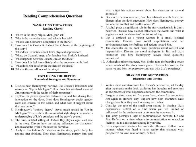 Up in Michigan by Ernest Hemingway with Reading Comprehension Questions
