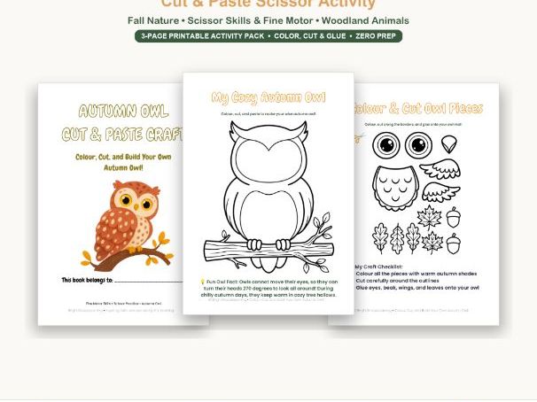 Autumn Owl Cut and Paste Craft | EYFS KS1 Fine Motor Scissor Activity