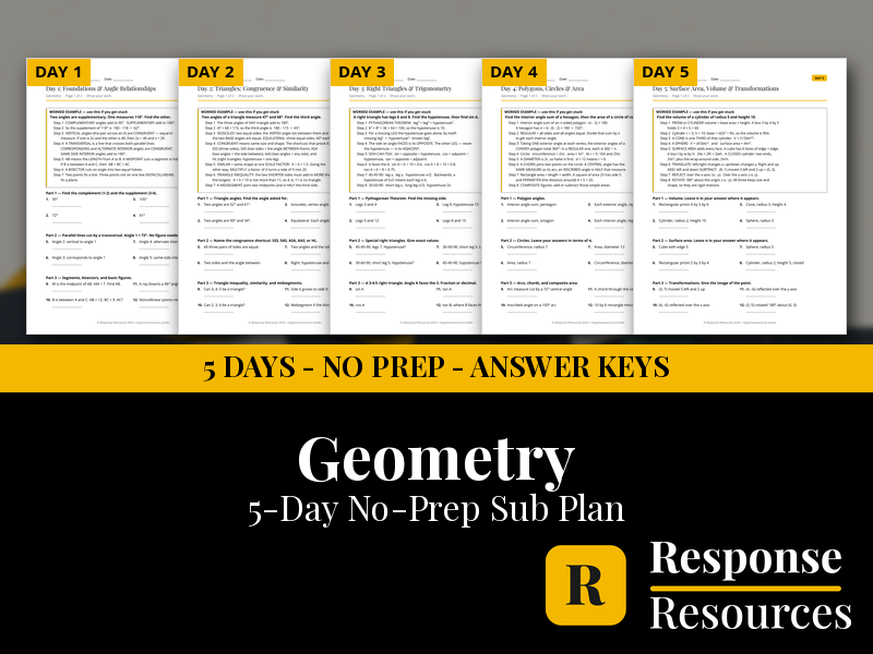 Geometry Emergency Sub Plans - 5 Days No Prep Self-Checking Worksheets