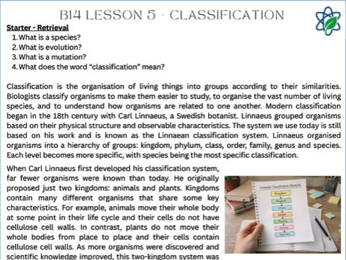 B14/L5 - Classification Lesson Worksheet Revision With Answers/GCSE/AQA/Combined Science