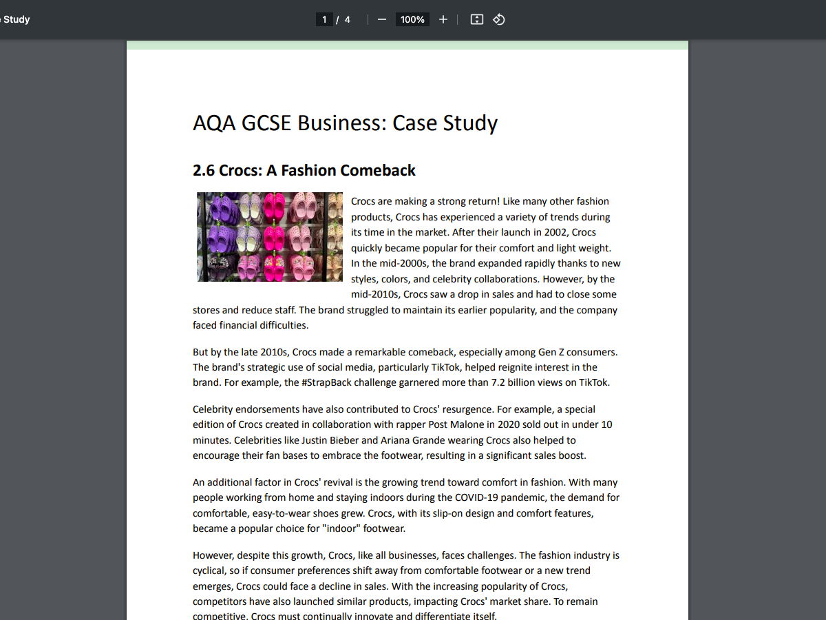 AQA GCSE Unit 2 Business Case Study Activity Pack