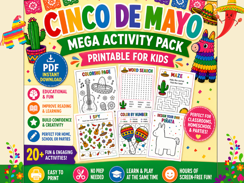 Cinco De Mayo Mega Activity Pack Printable for Kids Holiday Worksheets, Games, Coloring Pages