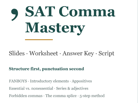 SAT Comma Mastery – Slides + Worksheet + Answer Key + Teacher Script (Digital SAT Writing)