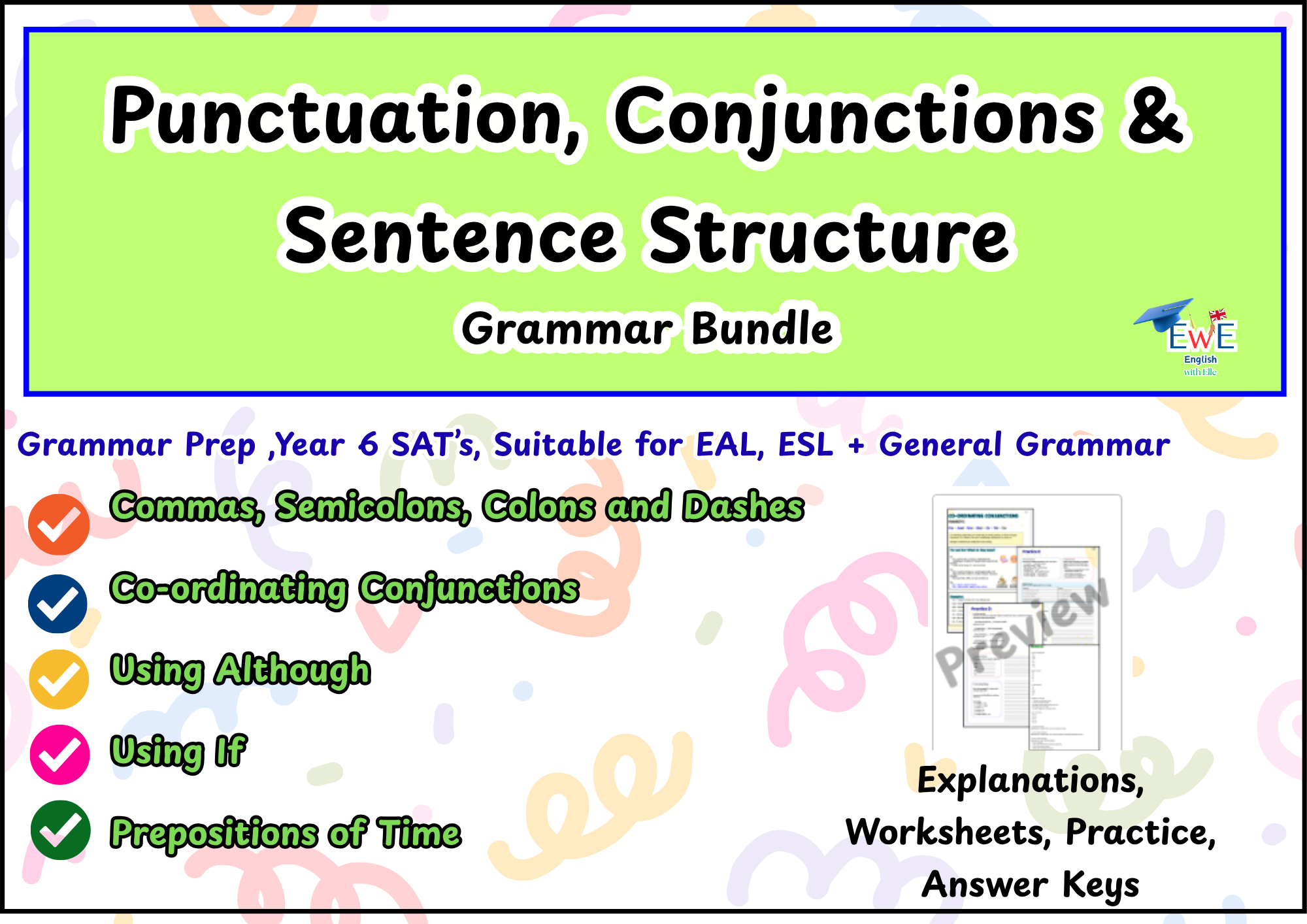 Punctuation, Conjunctions & Sentence Structure - English Grammar Worksheets Bundle
