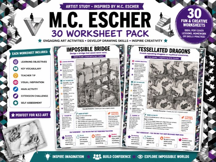 M.C. Escher Inspired Art Worksheets – 30 Creative Drawing Activities | Optical Illusions, Tessellati