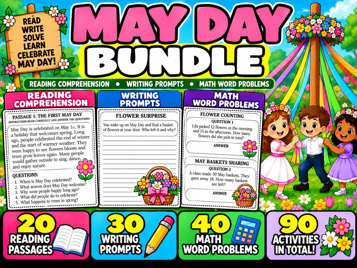 May Day Bundle | Reading Comprehension, Writing Prompts and Math