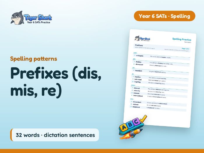 Prefixes (dis, mis, re): Year 6 Spelling