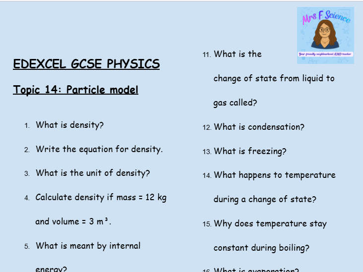 GCSE Edexcel Physics Topic 14: Particle Model Revision Worksheet