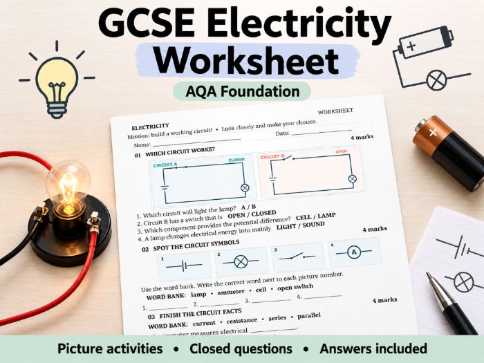 GCSE Electricity Worksheet | SEN-Friendly | Circuit Diagrams, Retrieval & Answers