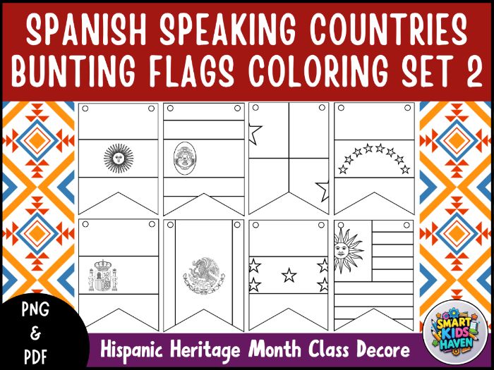 Hispanic Heritage Month Country Flags Coloring Pennants Banner Set 2