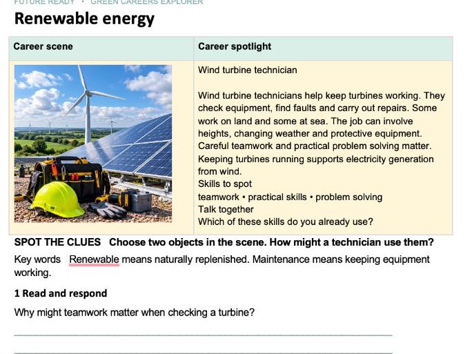 Introduce learners to green careers with this colourful, two-page Future Ready taster. Green Job De