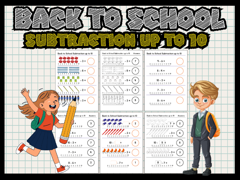 Back to School Subtraction Worksheets up to 10 | Math Facts Practice