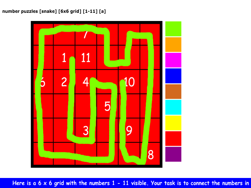 number puzzles [snake] [6x6 grid] [1-11] [a]