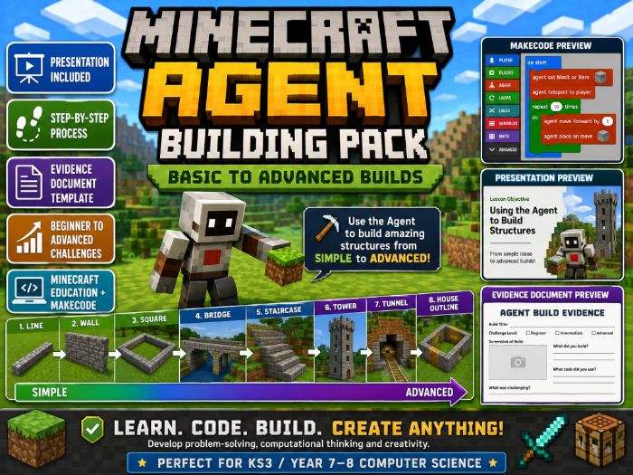 Minecraft Agent Building Pack – Basic to Advanced Builds-KS3