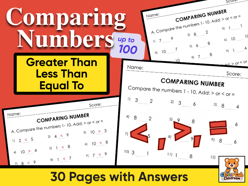 Comparing Numbers to 100 Worksheets | Greater Than, Less Than and Equal To | KS1
