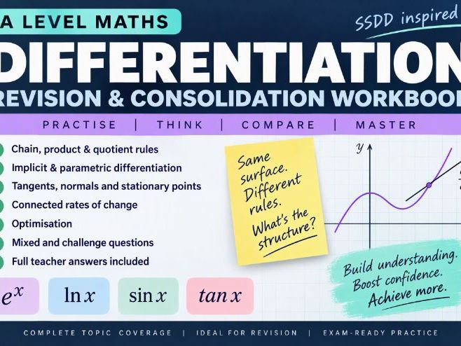A Level Maths Differentiation Revision Workbook | SSDD Practice, Chain, Product & Quotient Rule