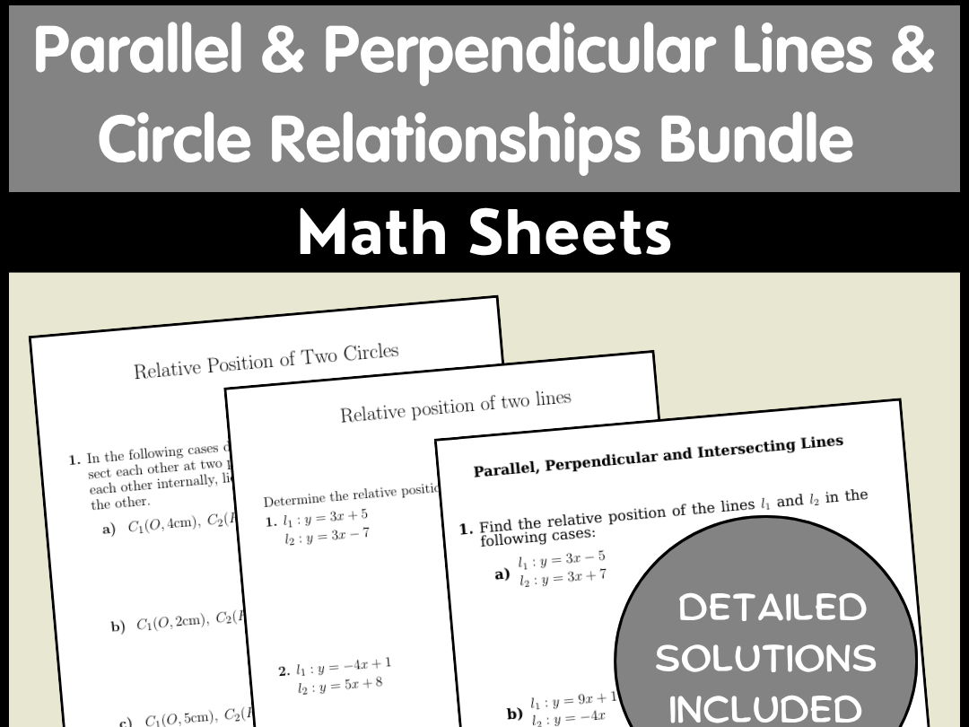 Relative Parallel & Perpendicular Lines & Circle Relationships Bundle | Math Sheetsposition of two lines or Circles Bundle