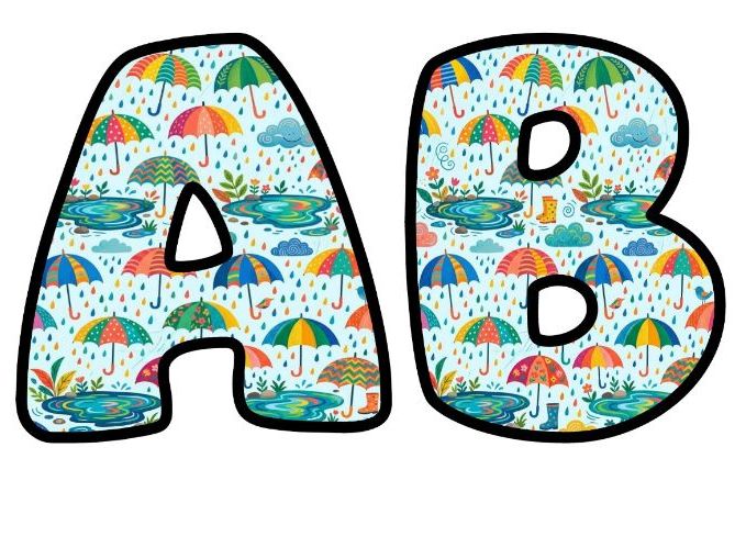 Umbrellas and Puddles Bubble Letters | Weather Topic Bulletin Board Letters | Classroom Display Pack