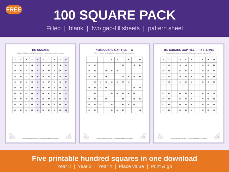 FREE 100 Square Pack | Filled, Blank & Gap Fill Hundred Squares | KS1 & KS2