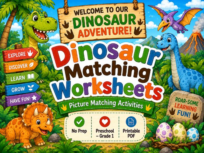 Dinosaur Matching Worksheets | Picture, Numbers, Letters, Shapes & Colors | Preschool–Grade 1