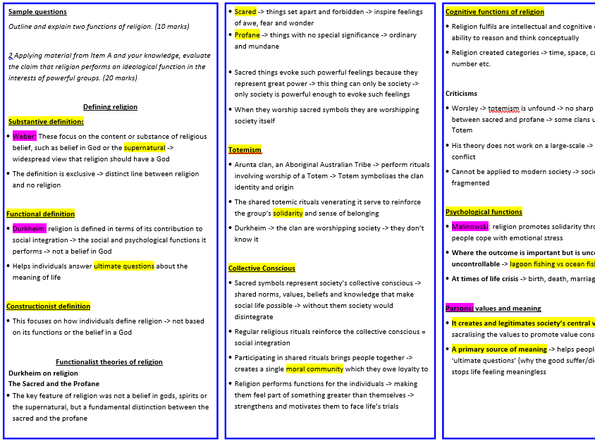 AQA A Level Sociology revision plans: Beliefs in Society