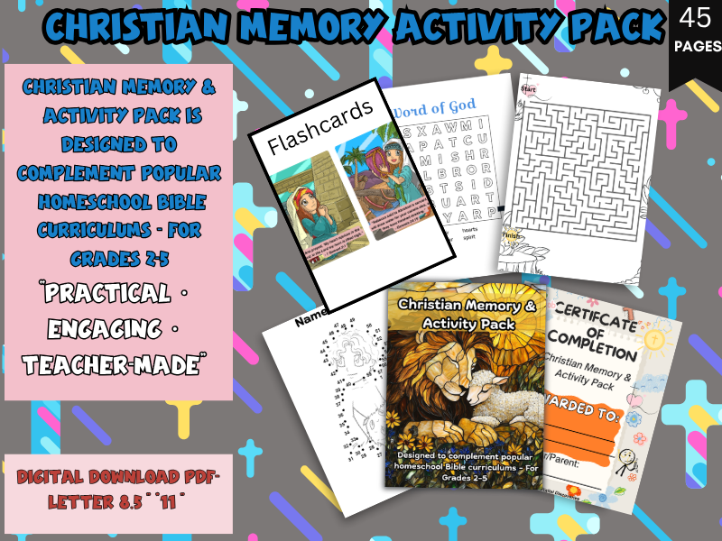 Christian Memory Activity Pack | 47 Printable Pages of Flashcards, Puzzles, Mazes, Coloring & More |