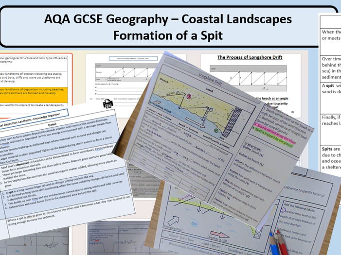 AQA GCSE Coastal Landscapes -Depositional Landforms, Spits Complete Lesson and Supporting Resources.