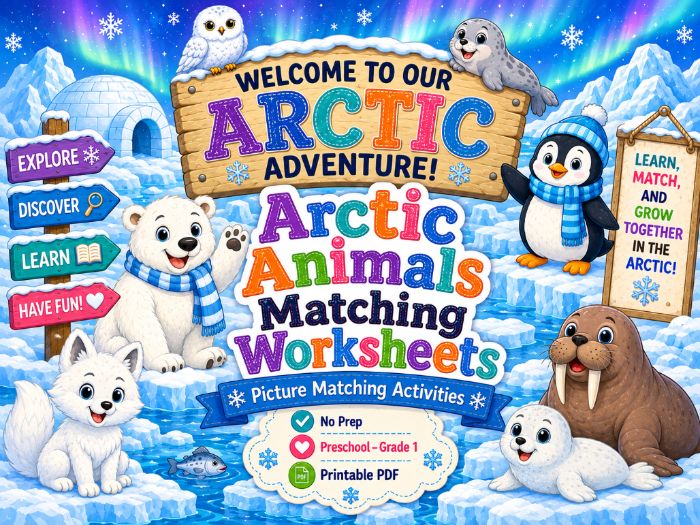Arctic Animals Matching Worksheets | Winter Animal Activities | Preschool–Grade 1