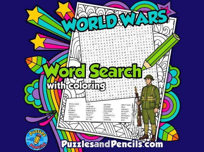 World Wars Word Search Puzzle Activity with Colouring | Eras in World History