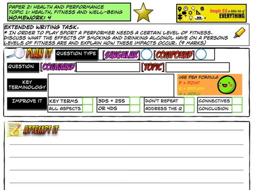 GCSE PE Extended writing Question - Homework  Work sheet