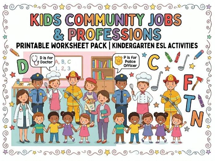 Kids Community Jobs & Professions Printable Worksheet Pack | Kindergarten ESL Activities