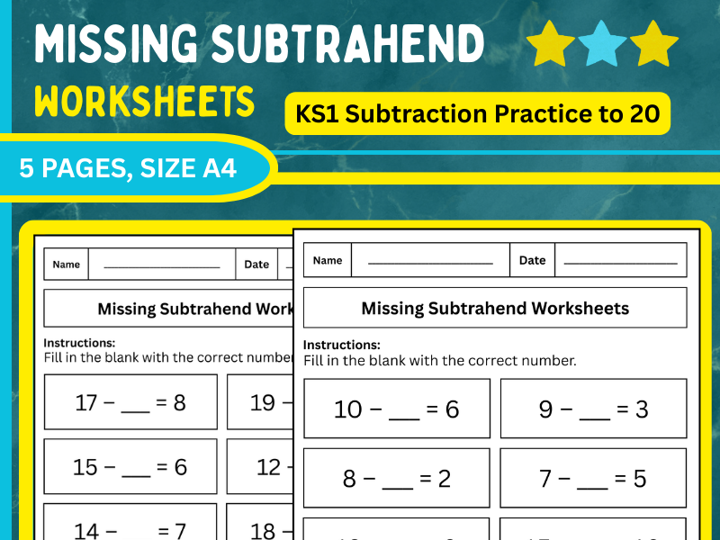 Missing Subtrahend Worksheets – KS1 Subtraction Practice to 20