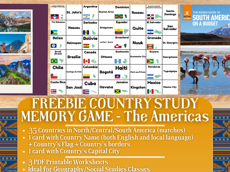 Country Study Memory Game Flashcards on Countries on the Americas - FREEBIE