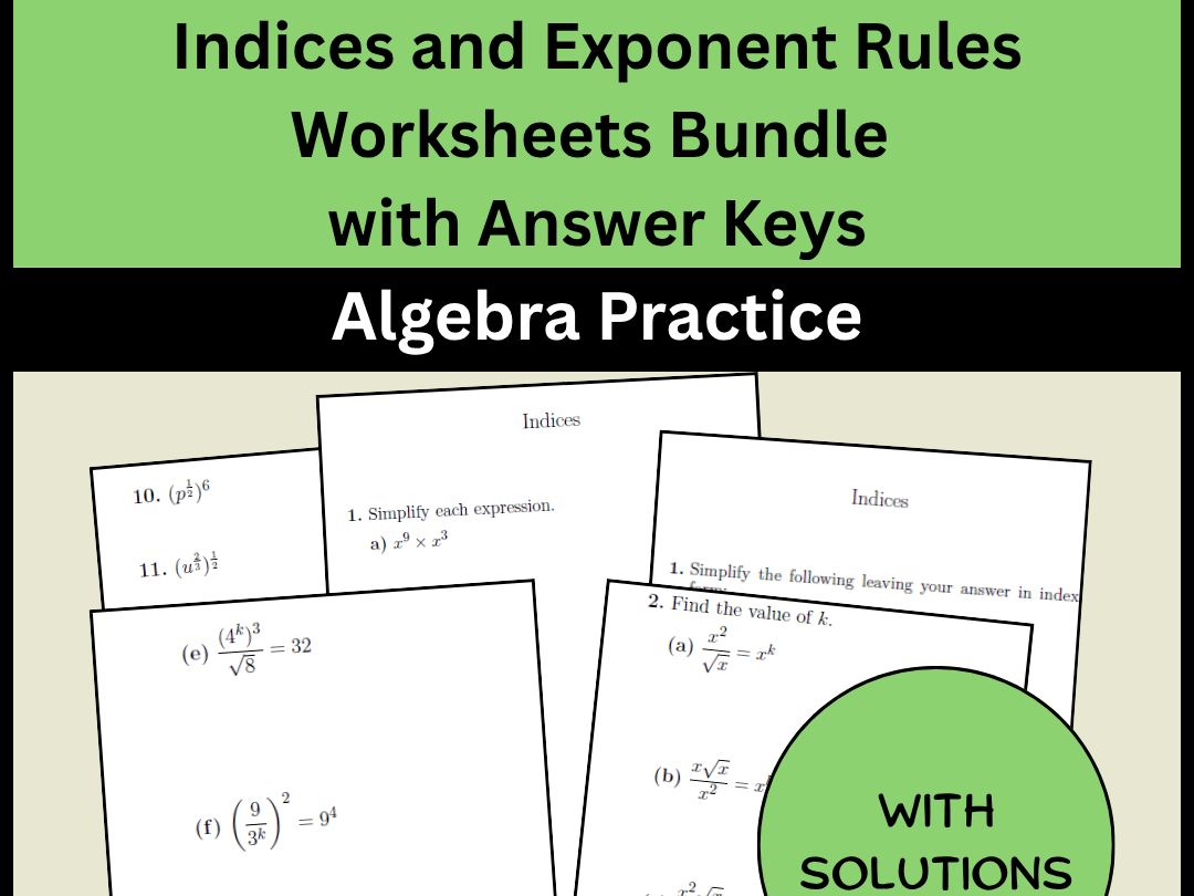 Indices and Exponent Rules Worksheets Bundle with Answer Keys Algebra Practice