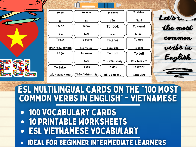 ESL Multilingual Vocabulary Flashcards - 100 most common verbs - Vietnamese