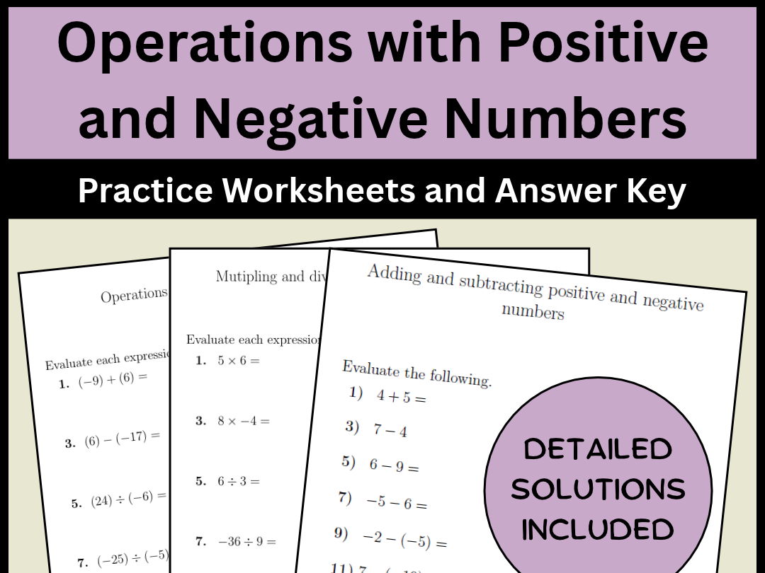 Operations with Positive and Negative Numbers Practice Worksheets and Answer Key