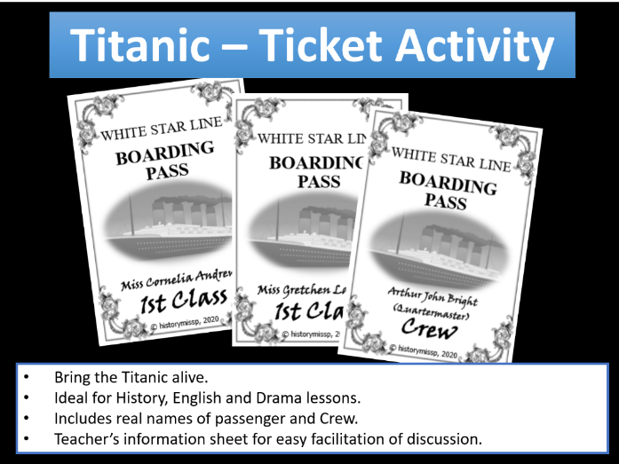 Titanic Ticket hook activity using real names of passengers and crew