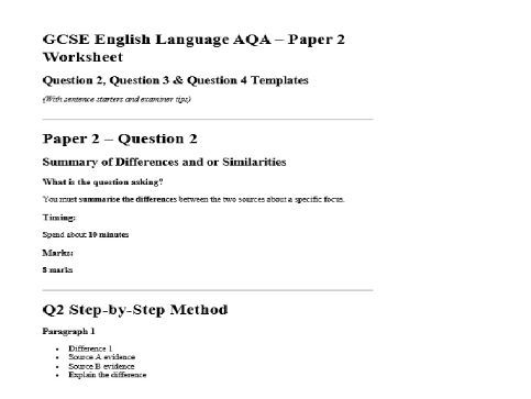AQA GCSE English Language Paper 2 Revision Templates Plus Sentence Openers