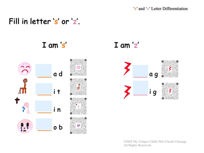 's' and 'z' Letter Differentiation (Step-by-Step English Literacy Skills Pack for Diverse Learners)