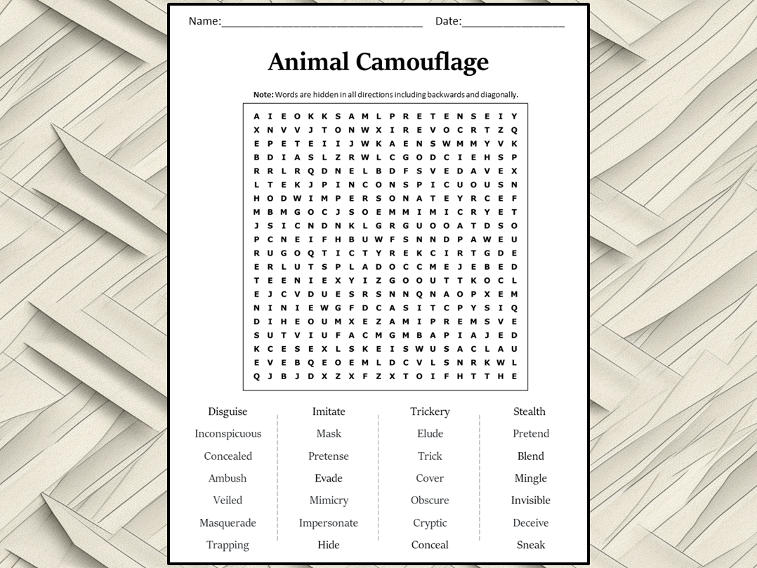Animal Camouflage Word Search Puzzle Worksheet Activity Teaching