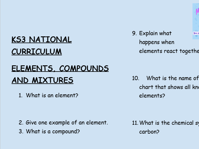 KS3 Chemistry: Elements, Compounds and Mixtures – 30 Question Retrieval Worksheet