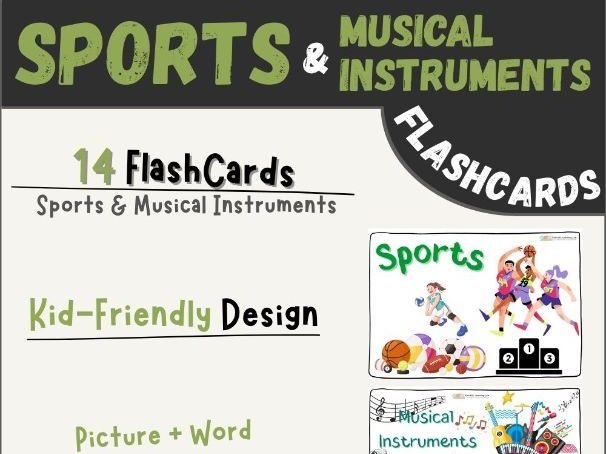Sports & Musical Instruments Flashcards for ESL Kindergarten PreK Learners