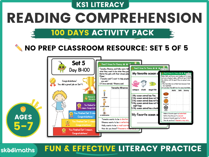 100 Days Reading Comprehension Worksheets (SET 5) for KS1 Literacy