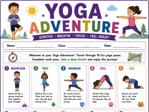 Yoga Adventure Worksheet | Kids Yoga Poses & Mindfulness Activity | Indoor PE & Wellbeing | KS1/2