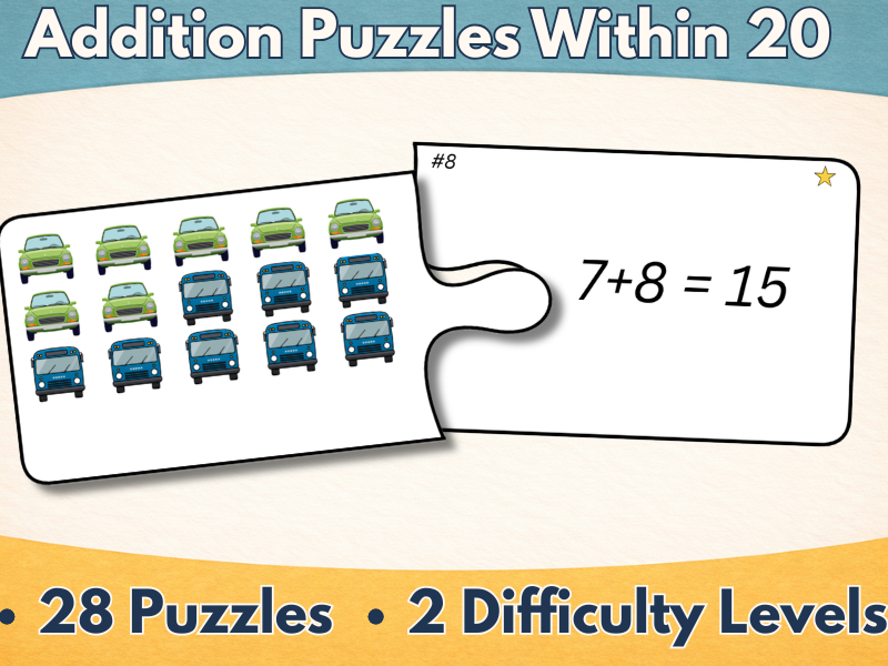 Addition Puzzles Within 20 | Match Picture Models to Equations | Math Center