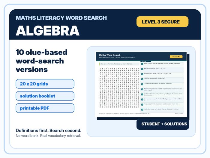 Algebra Level 3 Maths Word Search | 10 Printable Vocabulary Puzzles with Solutions